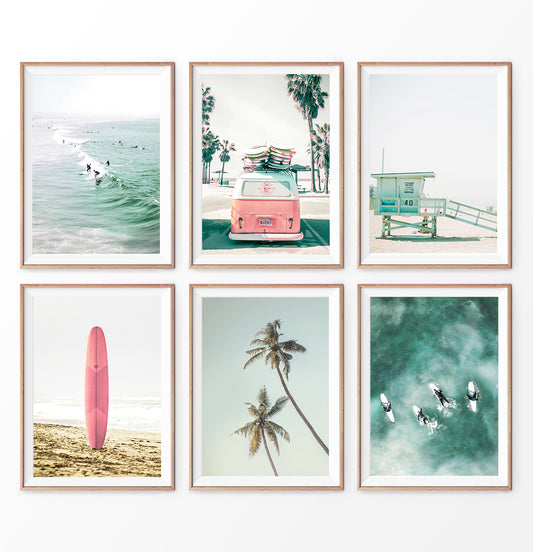 Coastal wall art set of 6. Pink Nursery, Surfers, VW Van, Palm, Lifeguard Tower, Surfboard