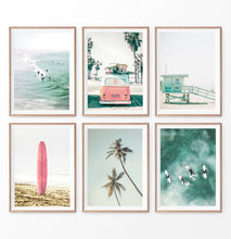 Load image into Gallery viewer, Coastal wall art set of 6. Pink Nursery, Surfers, VW Van, Palm, Lifeguard Tower, Surfboard
