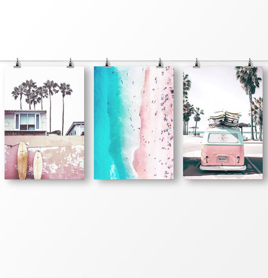 3 piece wall art, California wall art, ocean wave print, pink beach wall art, surfboard poster