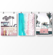 Load image into Gallery viewer, 3 piece wall art, California wall art, ocean wave print, pink beach wall art, surfboard poster
