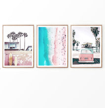 Load image into Gallery viewer, Pink Beach and Surf Photography with Retro Van Set of 3 Prints
