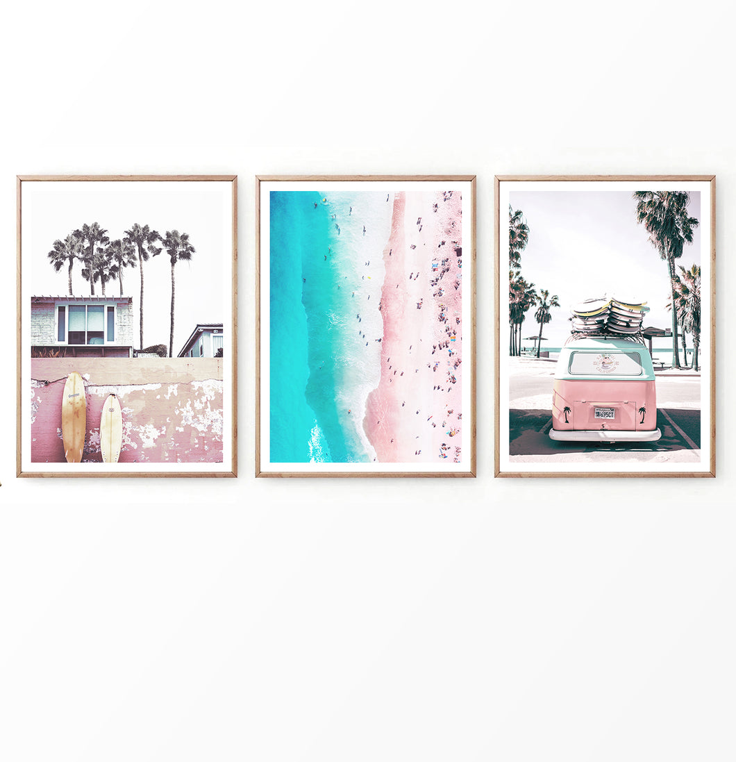 Pink Beach and Surf Photography with Retro Van Set of 3 Prints