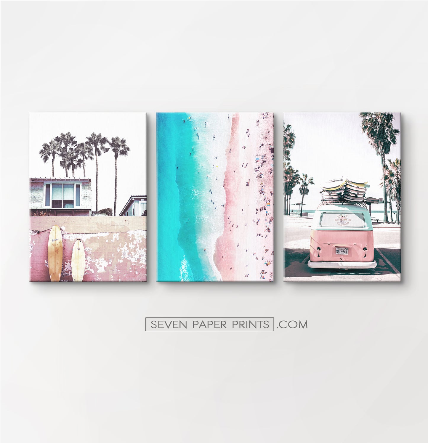 Pink surfing wall art. Set of 3 canvas prints #177