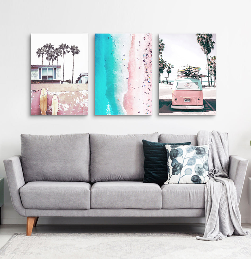 Pink surfing wall art. Set of 3 canvas prints #177