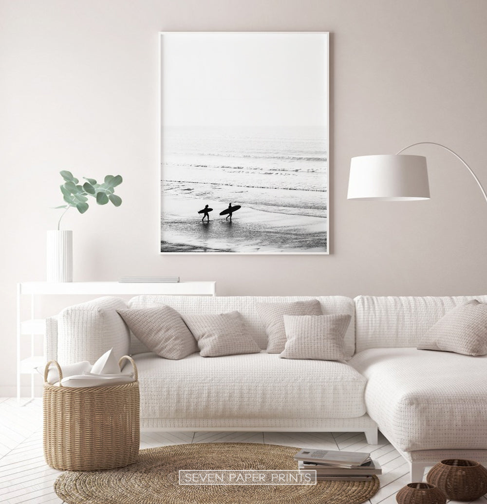 Black and White Surfers Photo Print