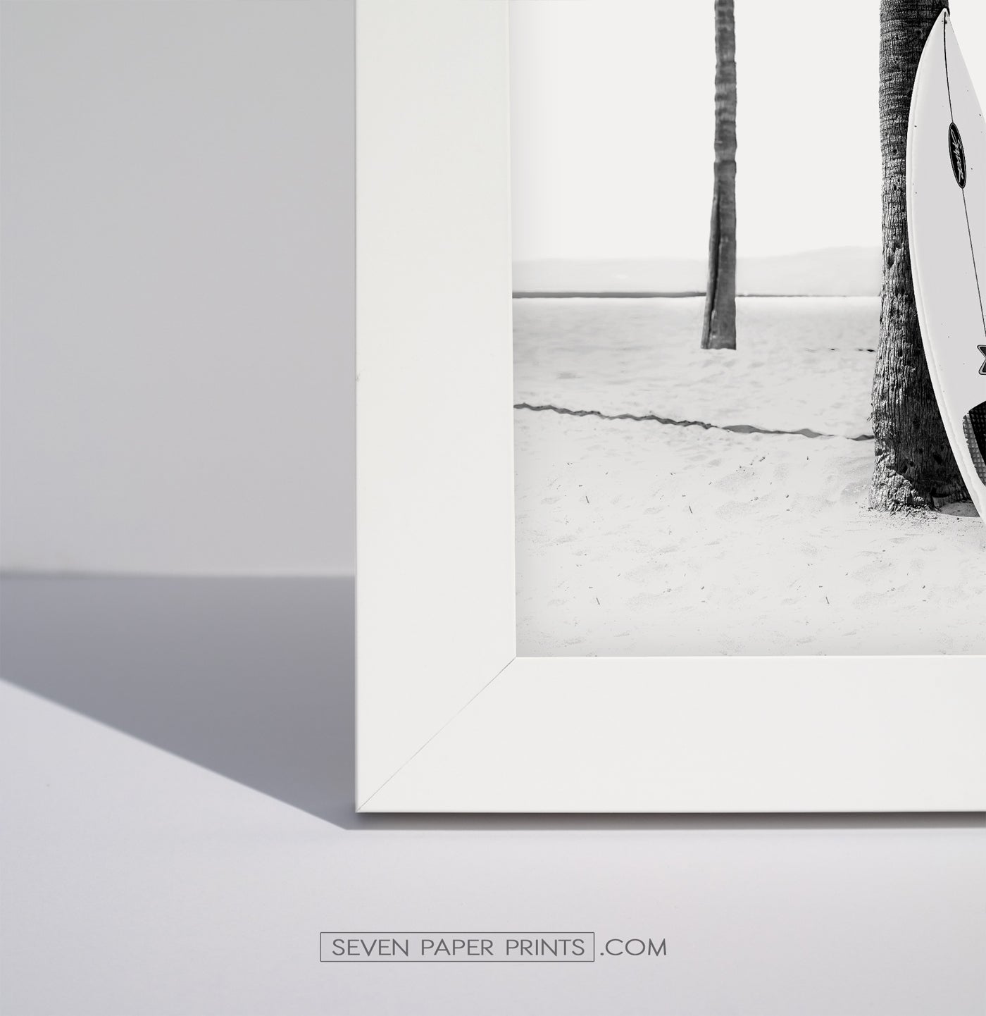 Board Against A Palm, Ocean Surfing 3 Framed Art Prints in b/w