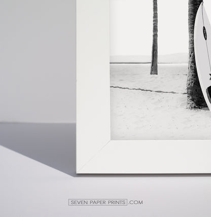 Board Against A Palm, Ocean Surfing 3 Framed Art Prints in b/w