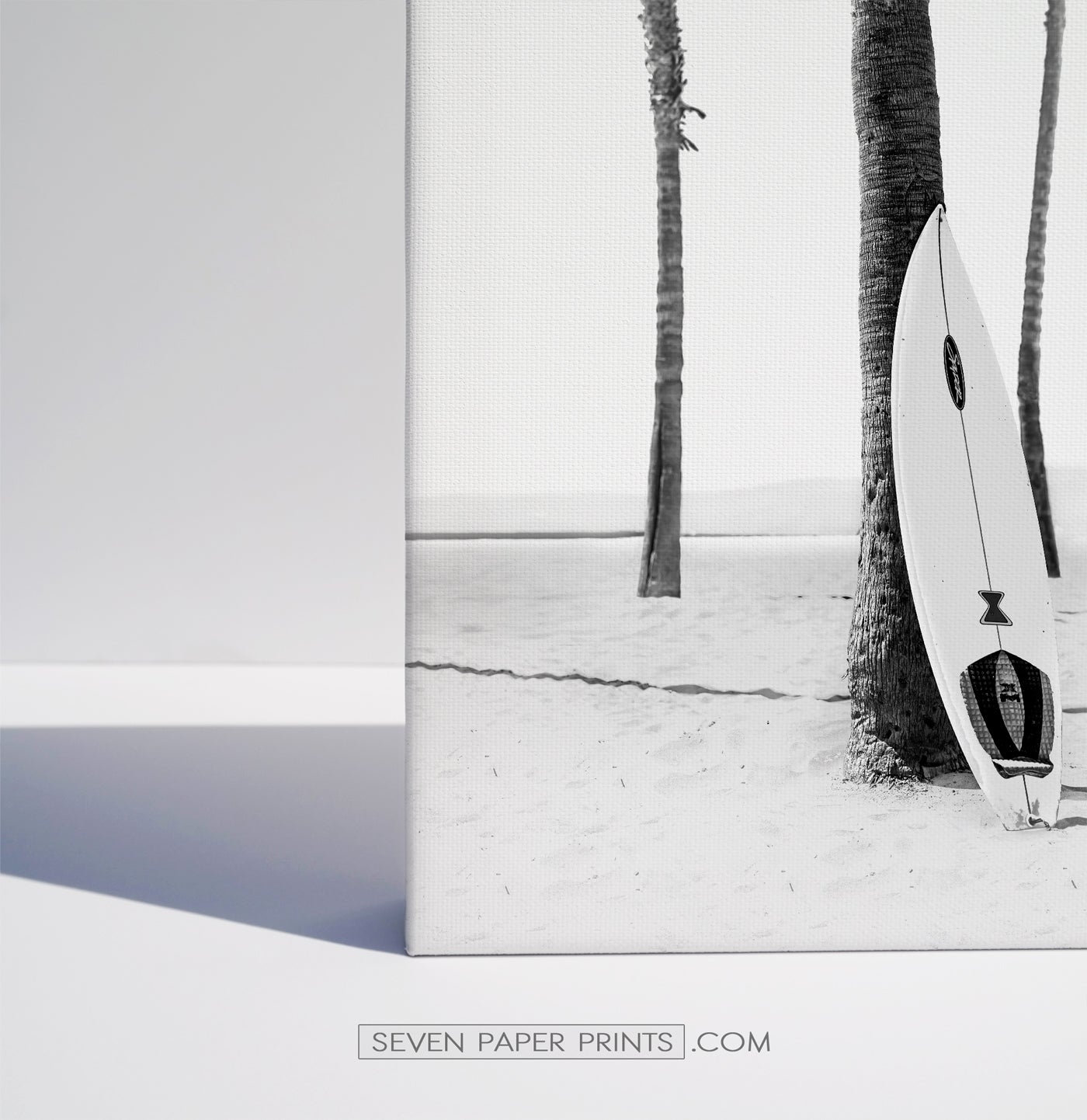 Surfers, ocean and palm trees. BW canvas set of 3 #178