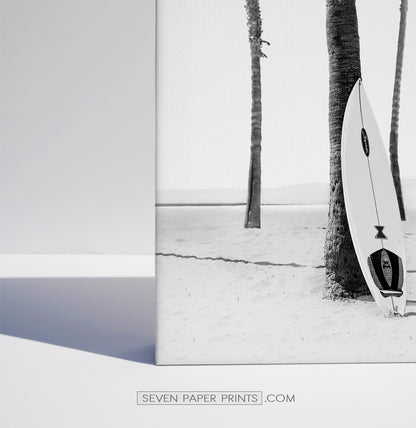 Surfers, ocean and palm trees. BW canvas set of 3 #178