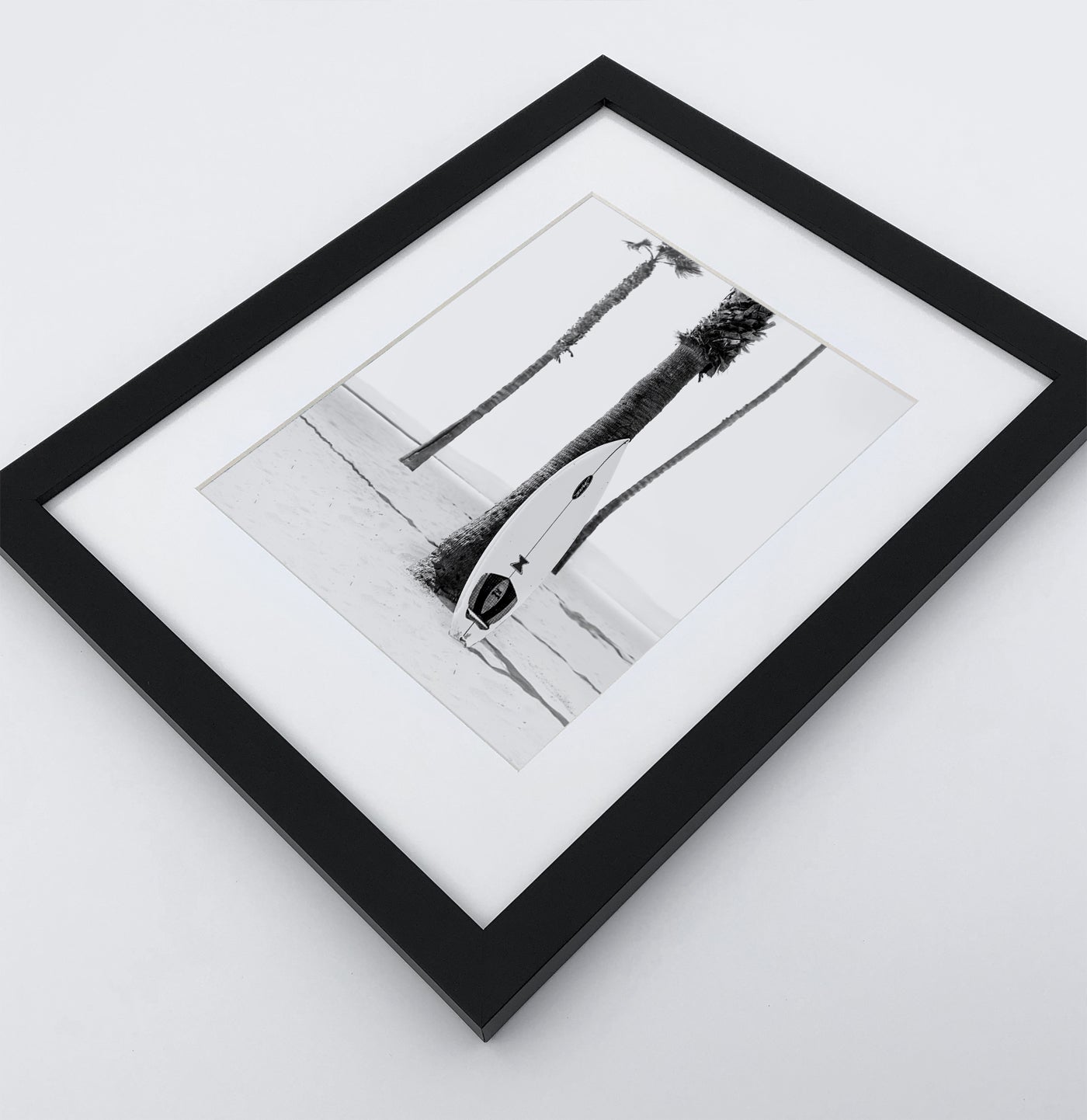 Board Against A Palm, Ocean Surfing 3 Framed Art Prints in b/w