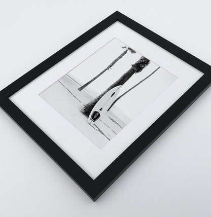 Board Against A Palm, Ocean Surfing 3 Framed Art Prints in b/w