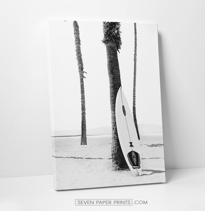 Surfers, ocean and palm trees. BW canvas set of 3 #178