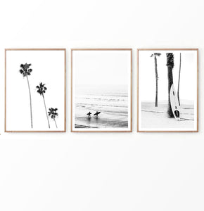 Surfer Photography With Palms in Black and White Set of 3 Pieces 