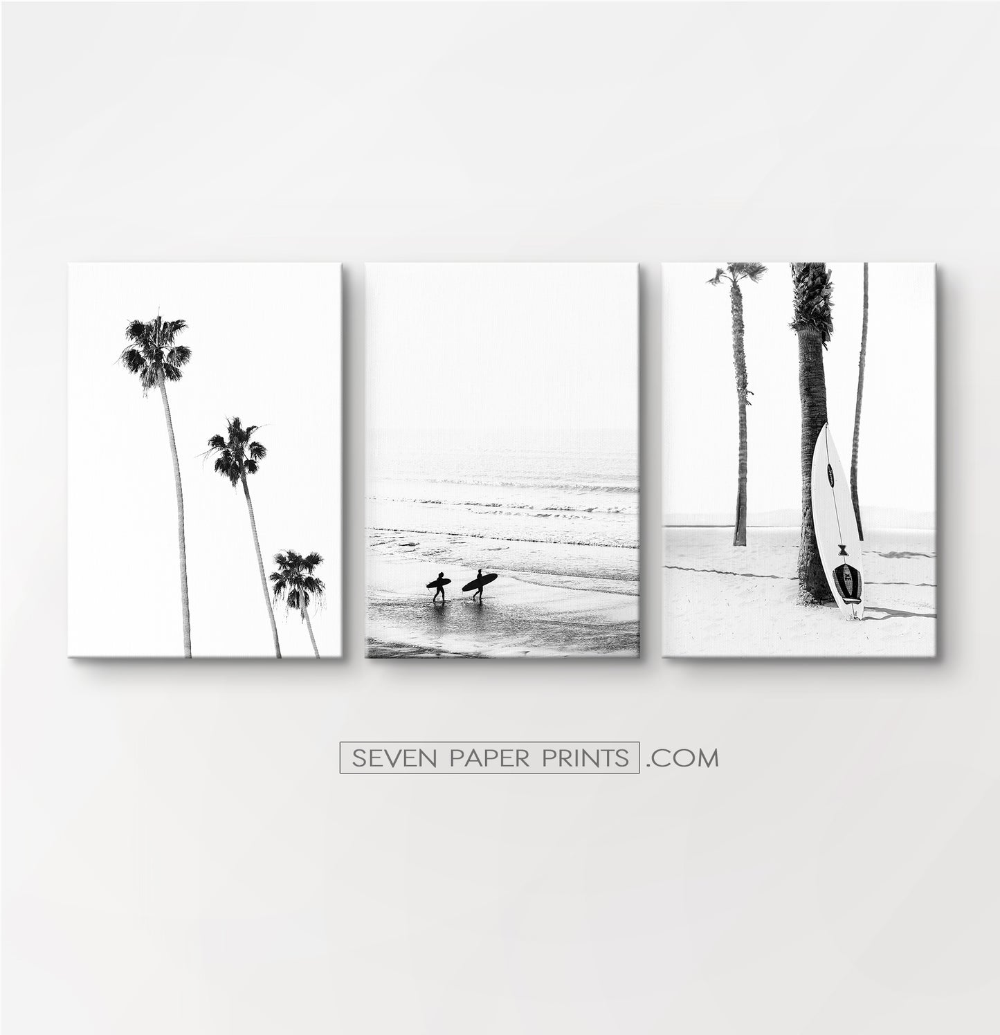 Surfers, ocean and palm trees. BW canvas set of 3 #178
