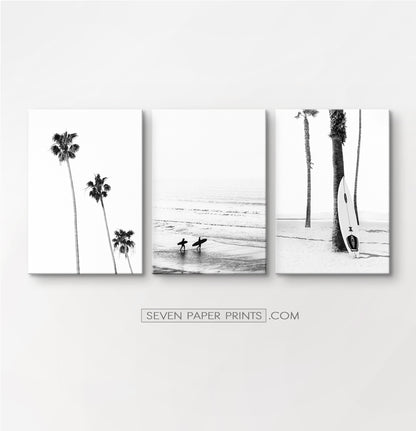 Surfers, ocean and palm trees. BW canvas set of 3 #178