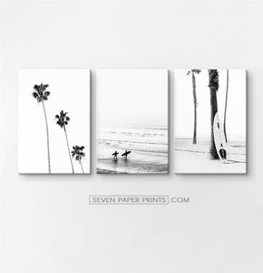 Surfers, ocean and palm trees. BW canvas set of 3 #178