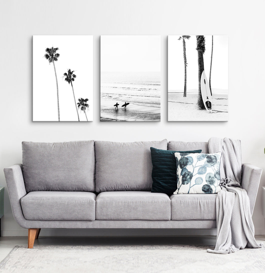 Surfers, ocean and palm trees. BW canvas set of 3 #178