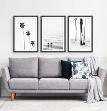 Load image into Gallery viewer, Board Against A Palm, Ocean Surfing 3 Framed Art Prints in b/w

