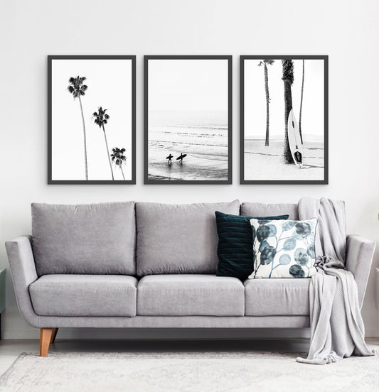 Board Against A Palm, Ocean Surfing 3 Framed Art Prints in b/w