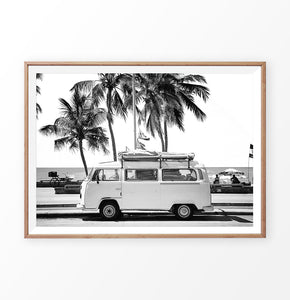 Vintage VW Surfers Bus on the Ocean Beach with Palm Trees