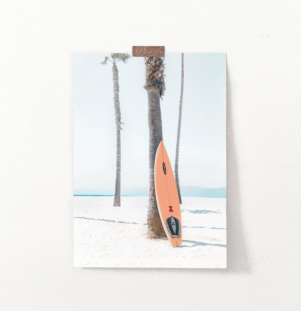 Orange Surfboard Wall Art with Tropical Palm Tree