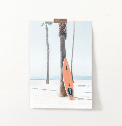 Orange Surfboard Wall Art with Tropical Palm Tree