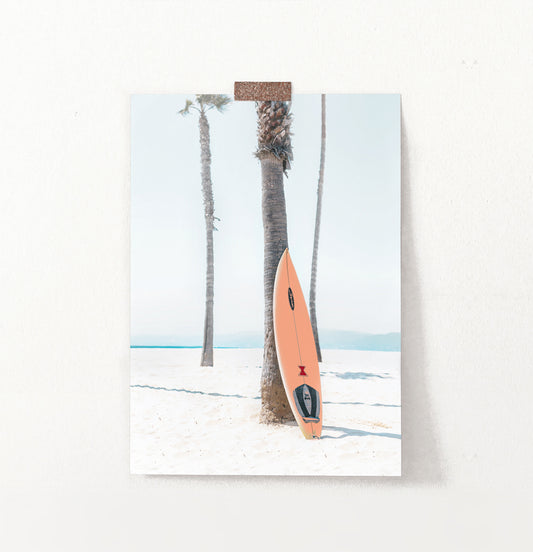 Orange Surfboard Wall Art with Tropical Palm Tree