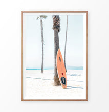 Load image into Gallery viewer, Surfboard and Palm Trees on the Beach Art Print
