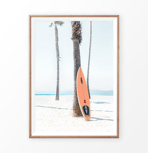 Surfboard and Palm Trees on the Beach Art Print