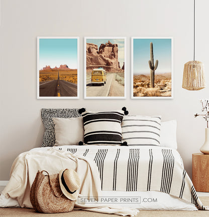 Three framed photo prints of a Great Canyon highway, miniwan and a cactus