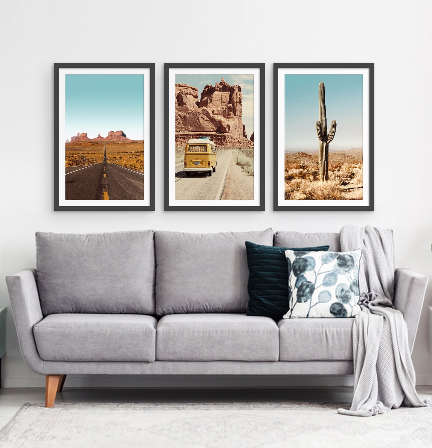 Three framed photo prints of a Great Canyon highway, miniwan and a cactus