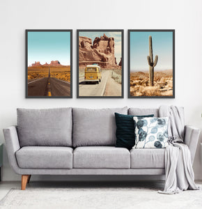 Three framed photo prints of a Great Canyon highway, miniwan and a cactus