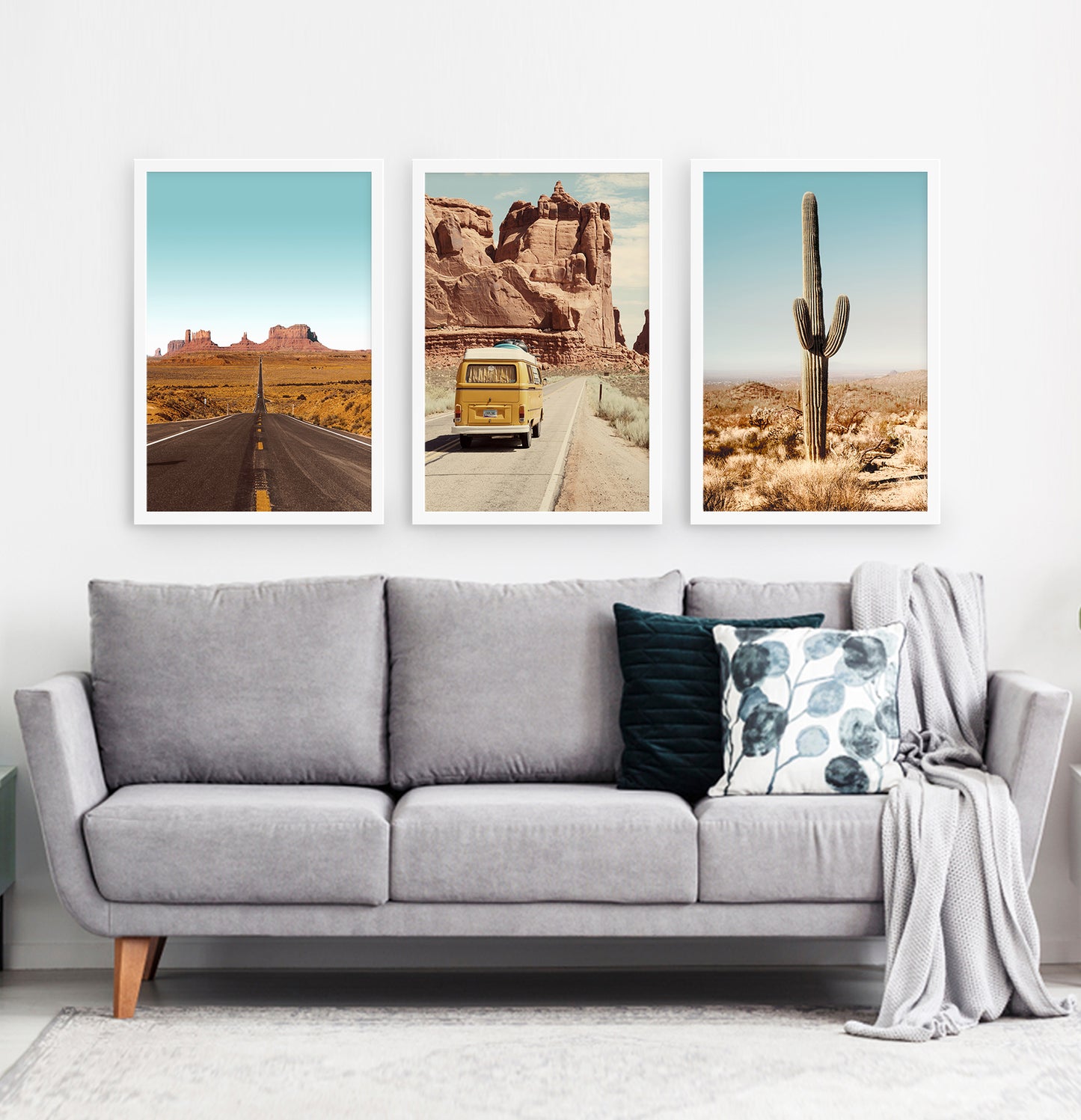 Three framed photo prints of a Great Canyon highway, miniwan and a cactus