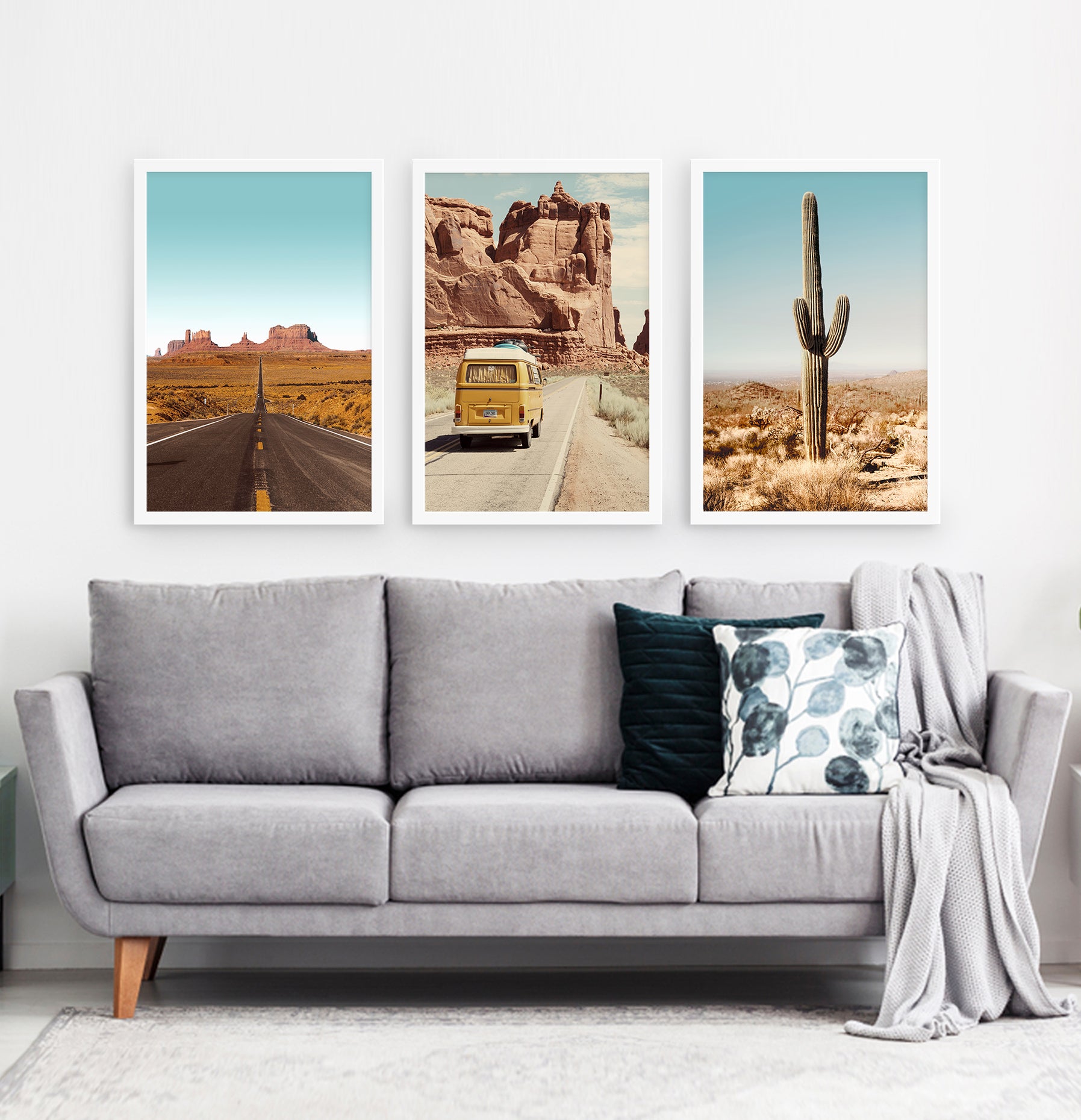 Three framed photo prints of a Great Canyon highway, miniwan and a cactus