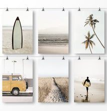 Load image into Gallery viewer, California surf art - retro surfboard, tropical palm trees, ocean waves and yellow van
