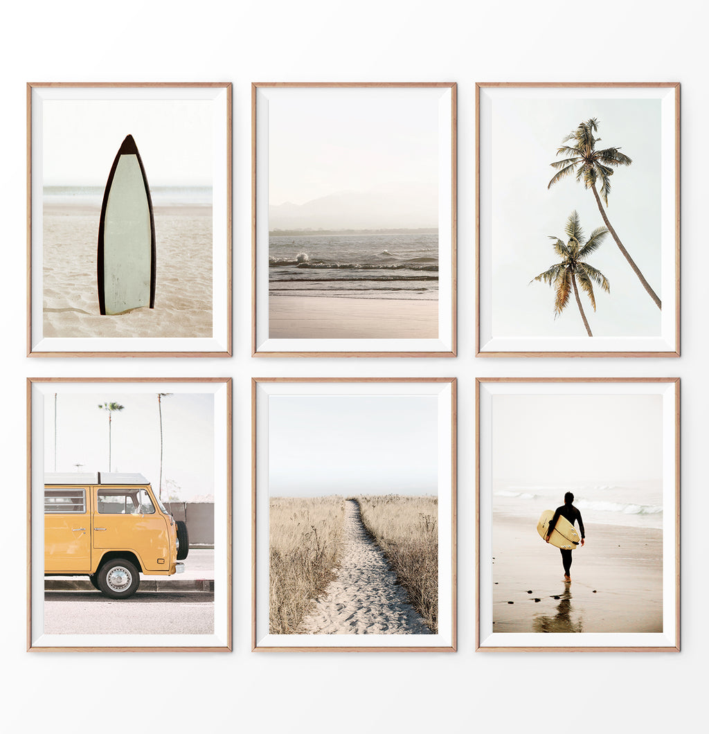 California Surf Wall Art Set of 6. Warm Color. Surfboard, Palms, Yellow Travel Combi