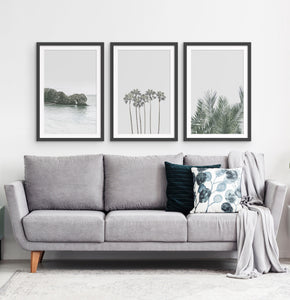 Three framed photo prints with a rock and some palms 2
