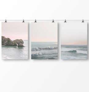 Ocean Wall Art Set of 3, Sea Rock, Pink Beach, Triptych Coastal Print