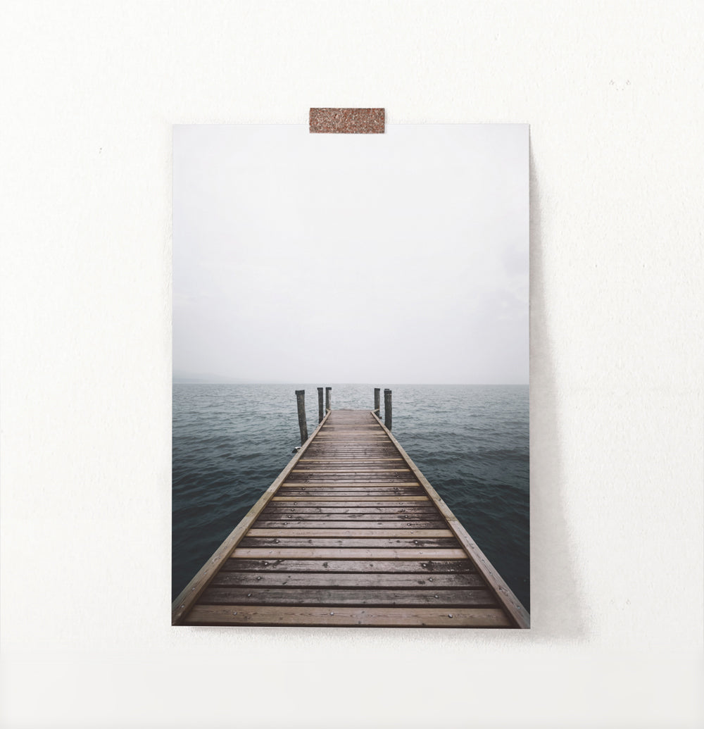 Minimalist Wooden Pier Print with Coastal Landscape