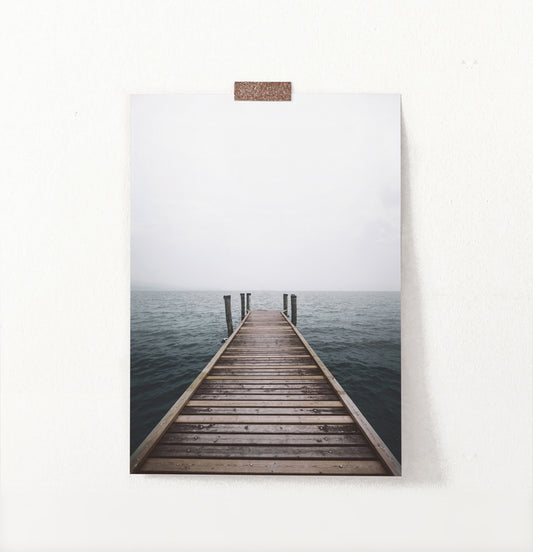 Minimalist Wooden Pier Print with Coastal Landscape
