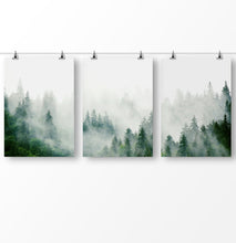 Load image into Gallery viewer, Trees wall art, tree landscape, Christmas tree art, misty forest, foggy forest, nature landscape
