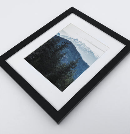 A photo print of blue mountains and a forest in black frame