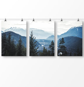 Blue forest Nordic landscape, foggy mountains, set of 3 nature wall art