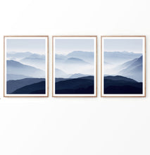 Load image into Gallery viewer, Blue Mountain Foggy Landscapes in Nordic Style Set of 3 Prints
