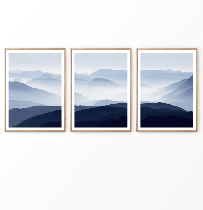 Blue Mountain Foggy Landscapes in Nordic Style Set of 3 Prints