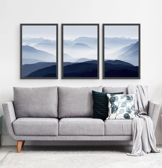 Three Framed Prints of a Foggy Mountain Scenery