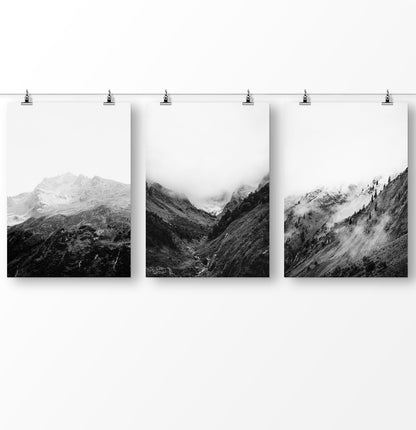 Art. Nordic Forest Digital 3 Piece Photo Prints. Foggy Scandinavian Range Scenery