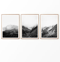 Load image into Gallery viewer, Black and White Foggy Mountain Photography Set of 3 Prints
