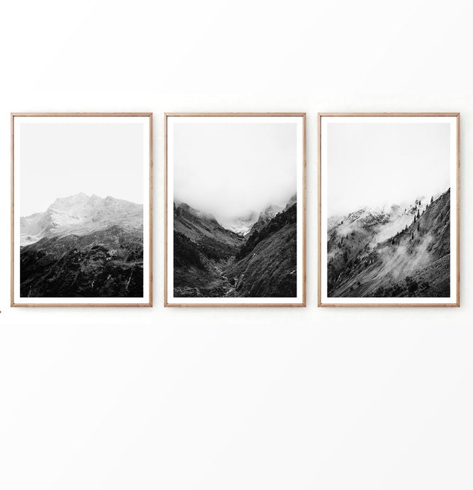 Black and White Foggy Mountain Photography Set of 3 Prints