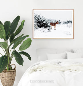 Horse in a snowy landscape wall art in a wooden frame in the interior